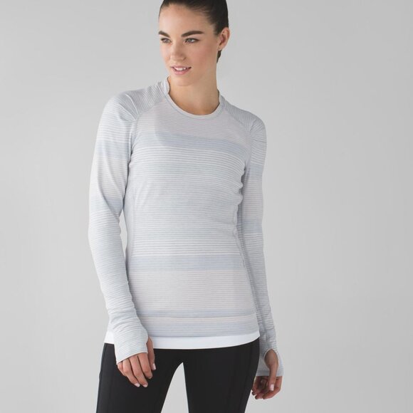 Lululemon Think Fast Long Sleeve Tee Women's Size 8 Blue/Grey/White Striped - Picture 1 of 8